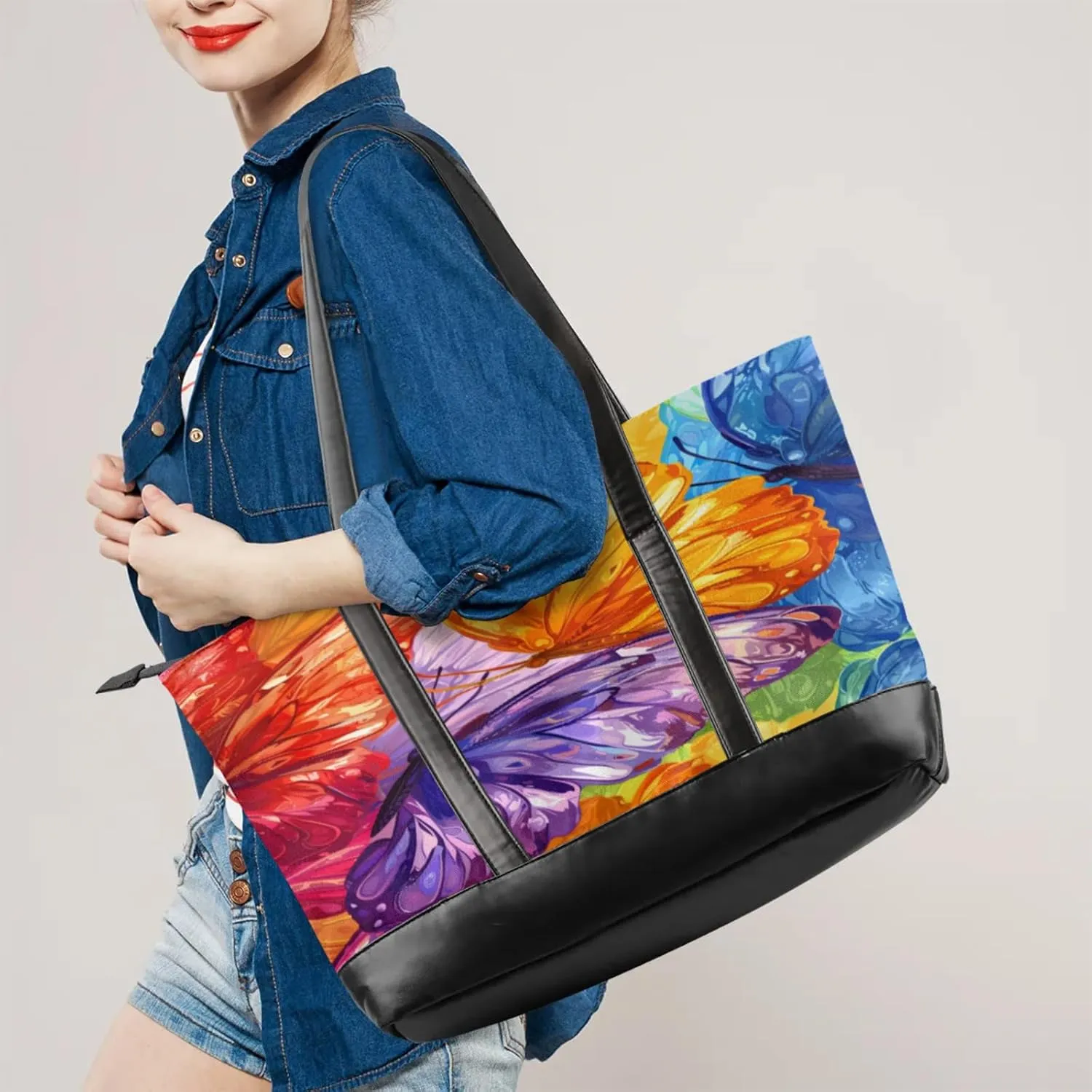 Women Tote Bag with Zipper, Shopper Handbag Travel Purse, PU Leather Laptop Tote Bags, Weekender Tote Bags