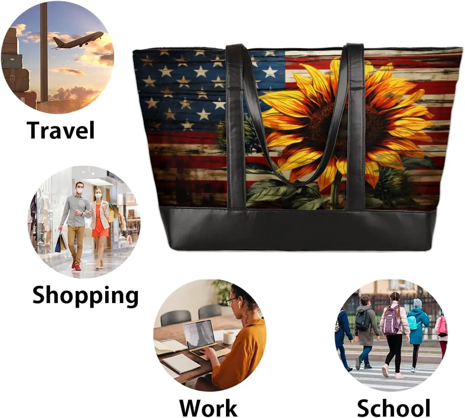 Women Tote Bag with Zipper, Shopper Handbag Travel Purse, PU Leather Laptop Tote Bags, Weekender Tote Bags