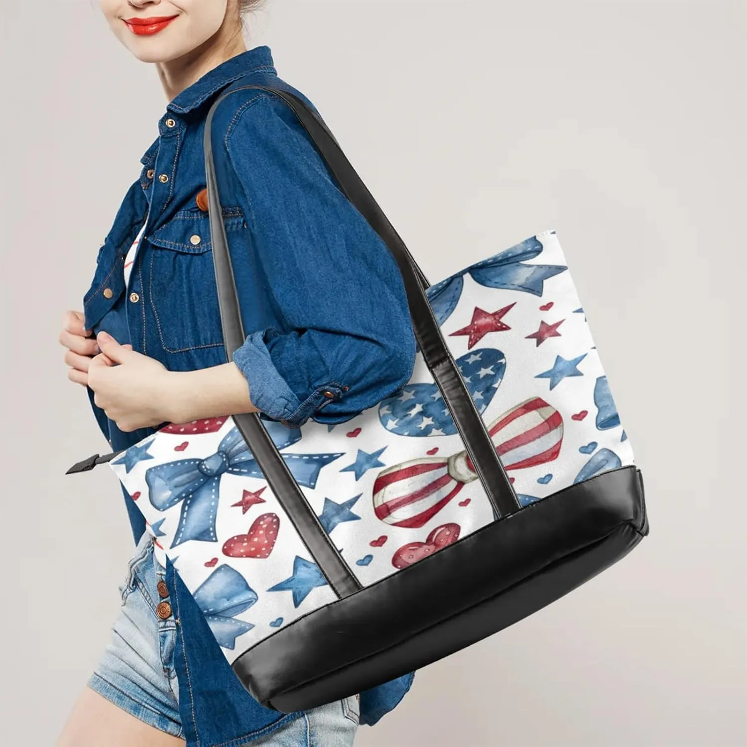 Women Tote Bag with Zipper, Shopper Handbag Travel Purse, PU Leather Laptop Tote Bags, Weekender Tote Bags