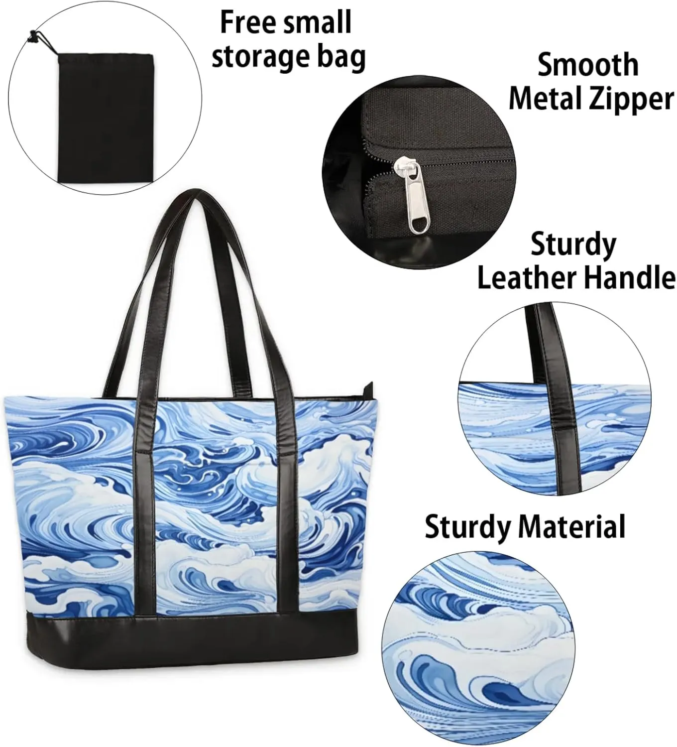 Women Tote Bag with Zipper, Shopper Handbag Travel Purse, PU Leather Laptop Tote Bags, Weekender Tote Bags