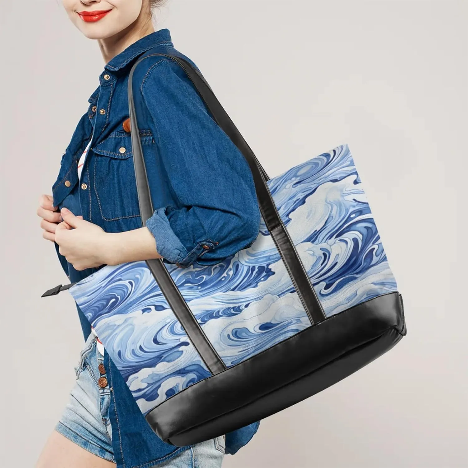 Women Tote Bag with Zipper, Shopper Handbag Travel Purse, PU Leather Laptop Tote Bags, Weekender Tote Bags