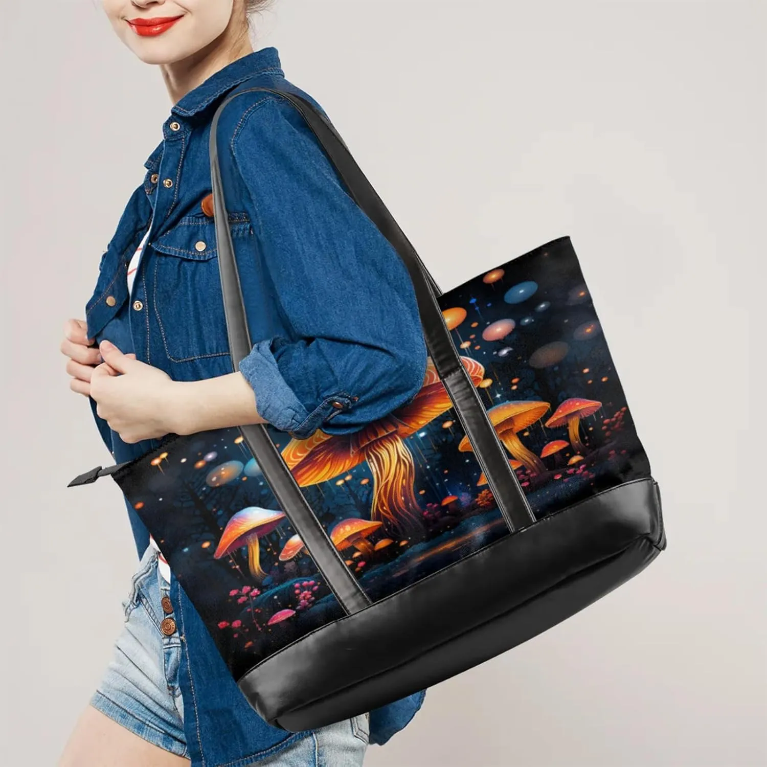 Women Tote Bag with Zipper, Shopper Handbag Travel Purse, PU Leather Laptop Tote Bags, Weekender Tote Bags
