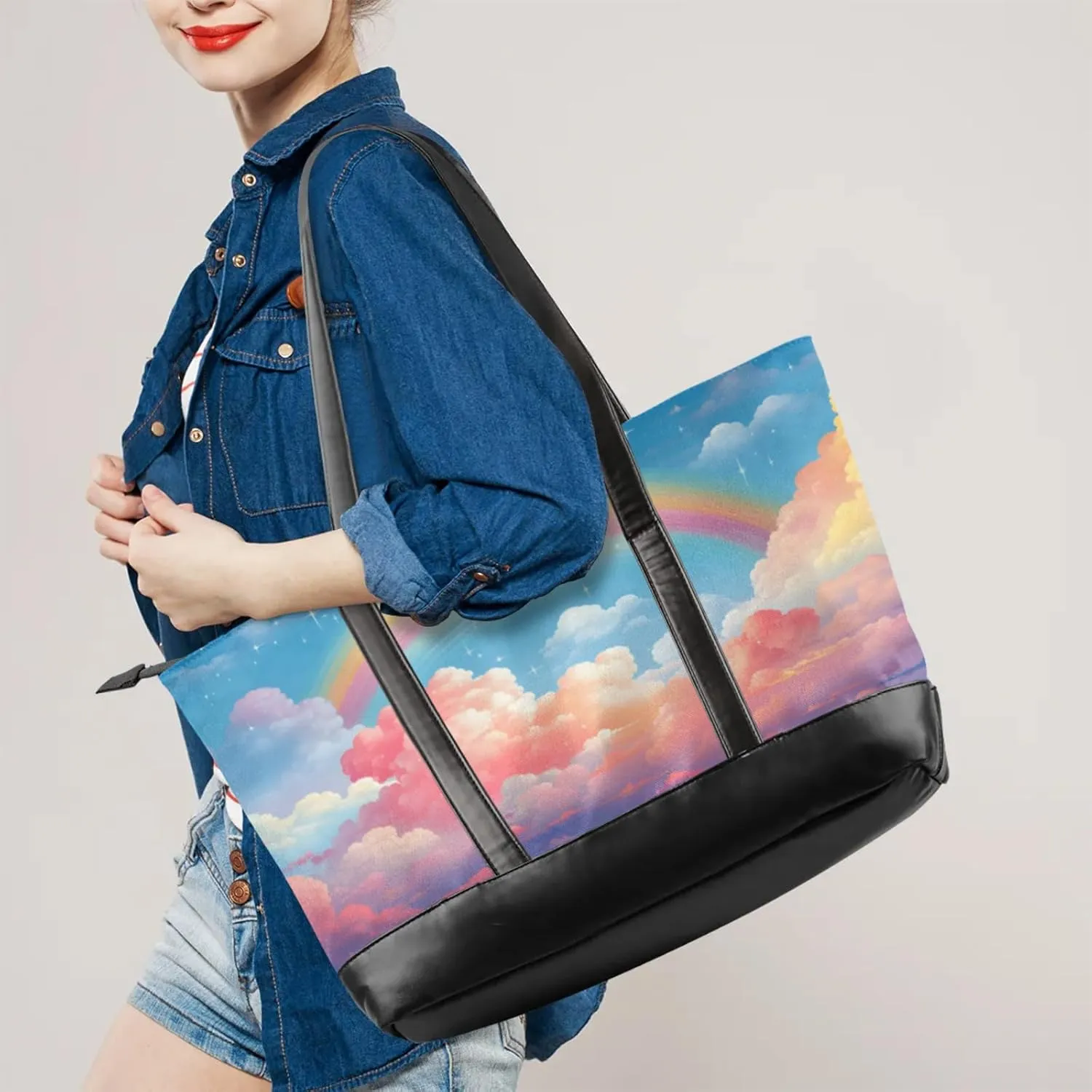 Women Tote Bag with Zipper, Shopper Handbag Travel Purse, PU Leather Laptop Tote Bags, Weekender Tote Bags
