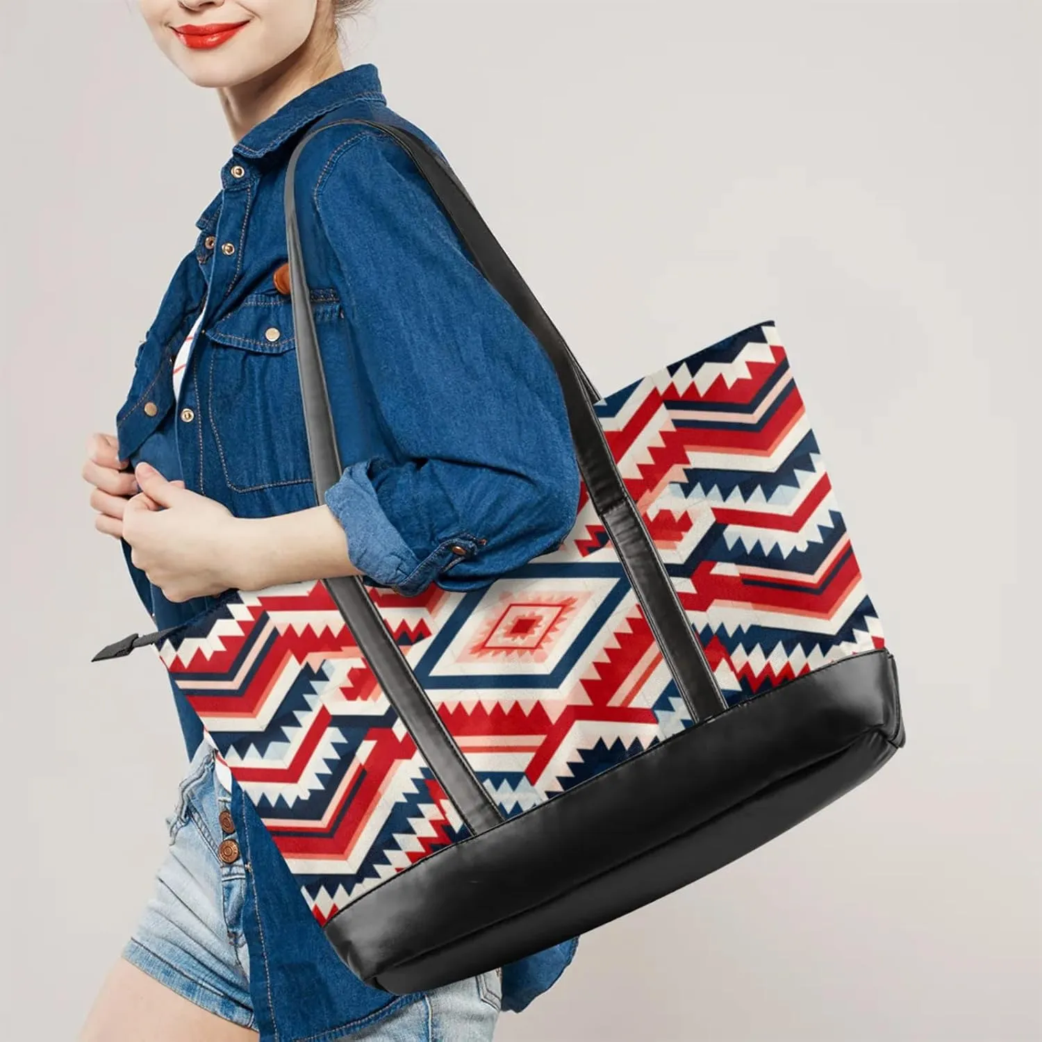 Women Tote Bag with Zipper, Shopper Handbag Travel Purse, PU Leather Laptop Tote Bags, Weekender Tote Bags