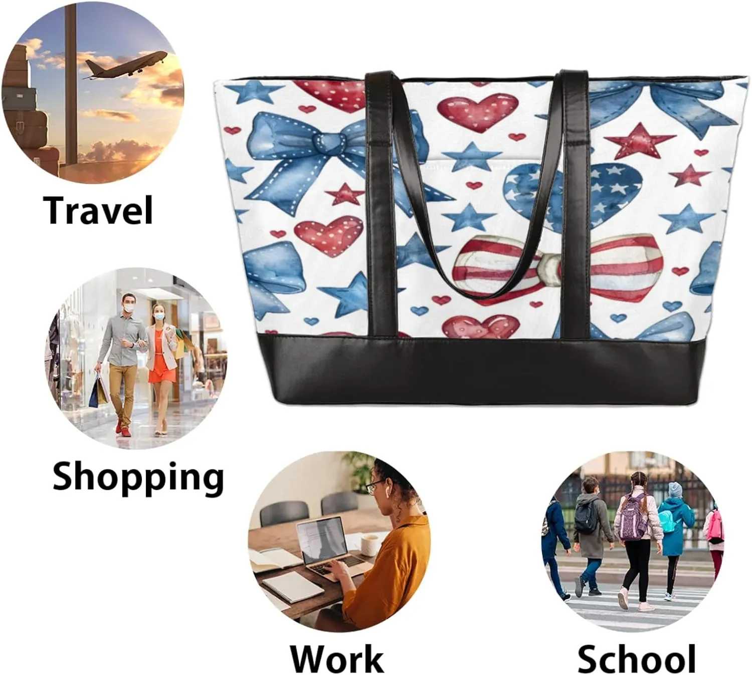 Women Tote Bag with Zipper, Shopper Handbag Travel Purse, PU Leather Laptop Tote Bags, Weekender Tote Bags