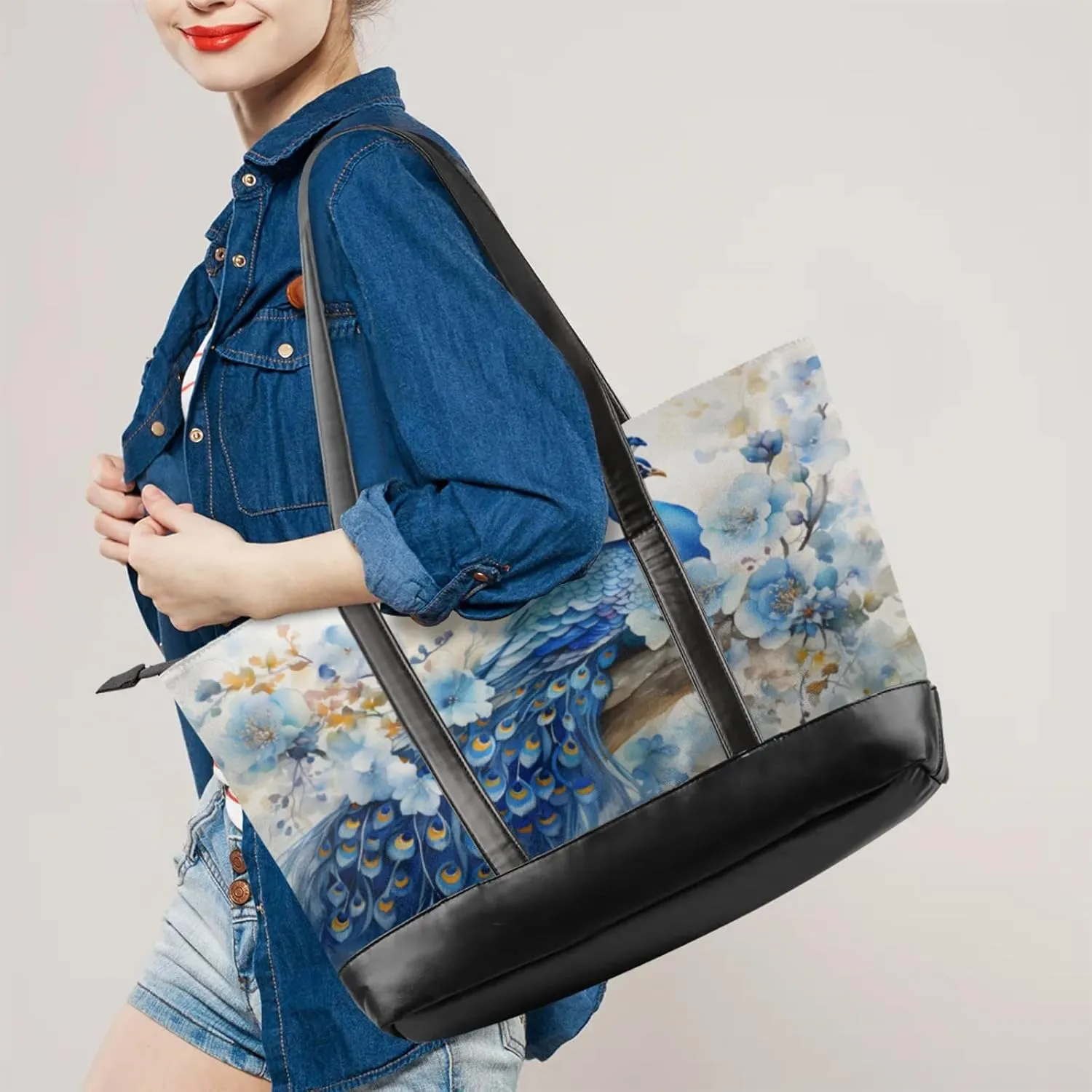 Women Tote Bag with Zipper, Shopper Handbag Travel Purse, PU Leather Laptop Tote Bags, Weekender Tote Bags