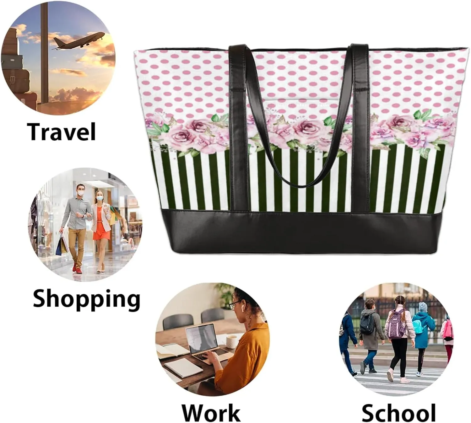 Women Tote Bag with Zipper, Shopper Handbag Travel Purse, PU Leather Laptop Tote Bags, Weekender Tote Bags