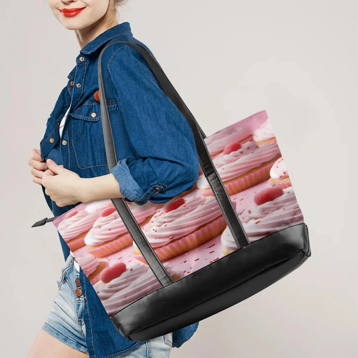 Women Tote Bag with Zipper, Shopper Handbag Travel Purse, PU Leather Laptop Tote Bags, Weekender Tote Bags