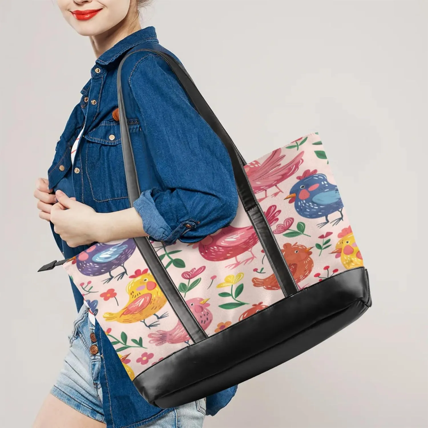Women Tote Bag with Zipper, Shopper Handbag Travel Purse, PU Leather Laptop Tote Bags, Weekender Tote Bags
