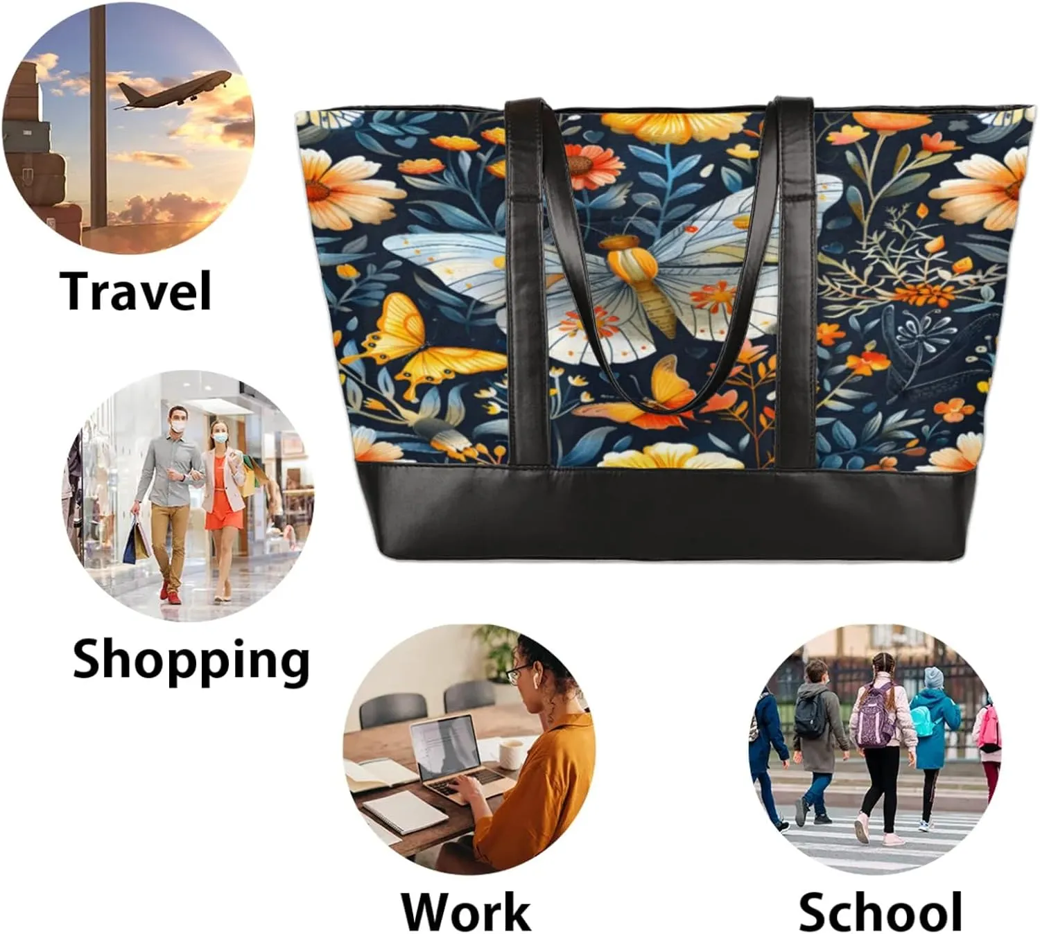Women Tote Bag with Zipper, Shopper Handbag Travel Purse, PU Leather Laptop Tote Bags, Weekender Tote Bags