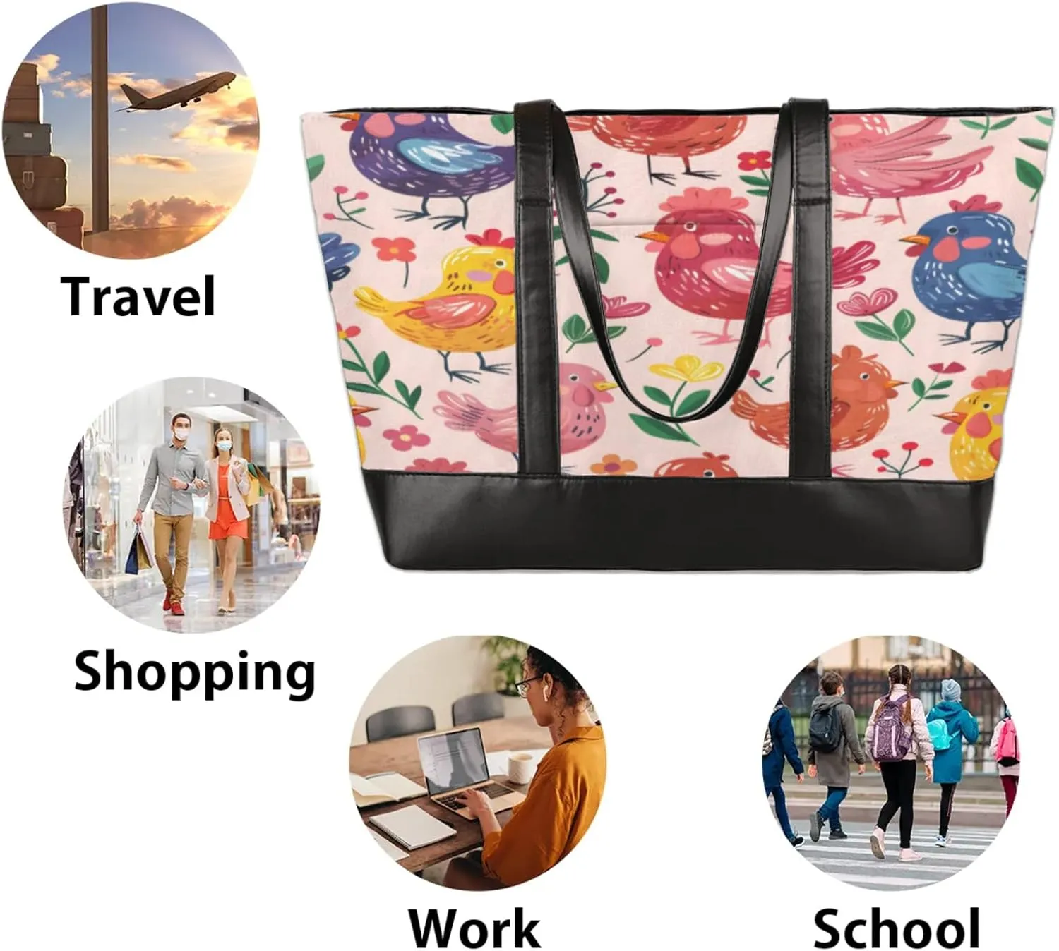 Women Tote Bag with Zipper, Shopper Handbag Travel Purse, PU Leather Laptop Tote Bags, Weekender Tote Bags