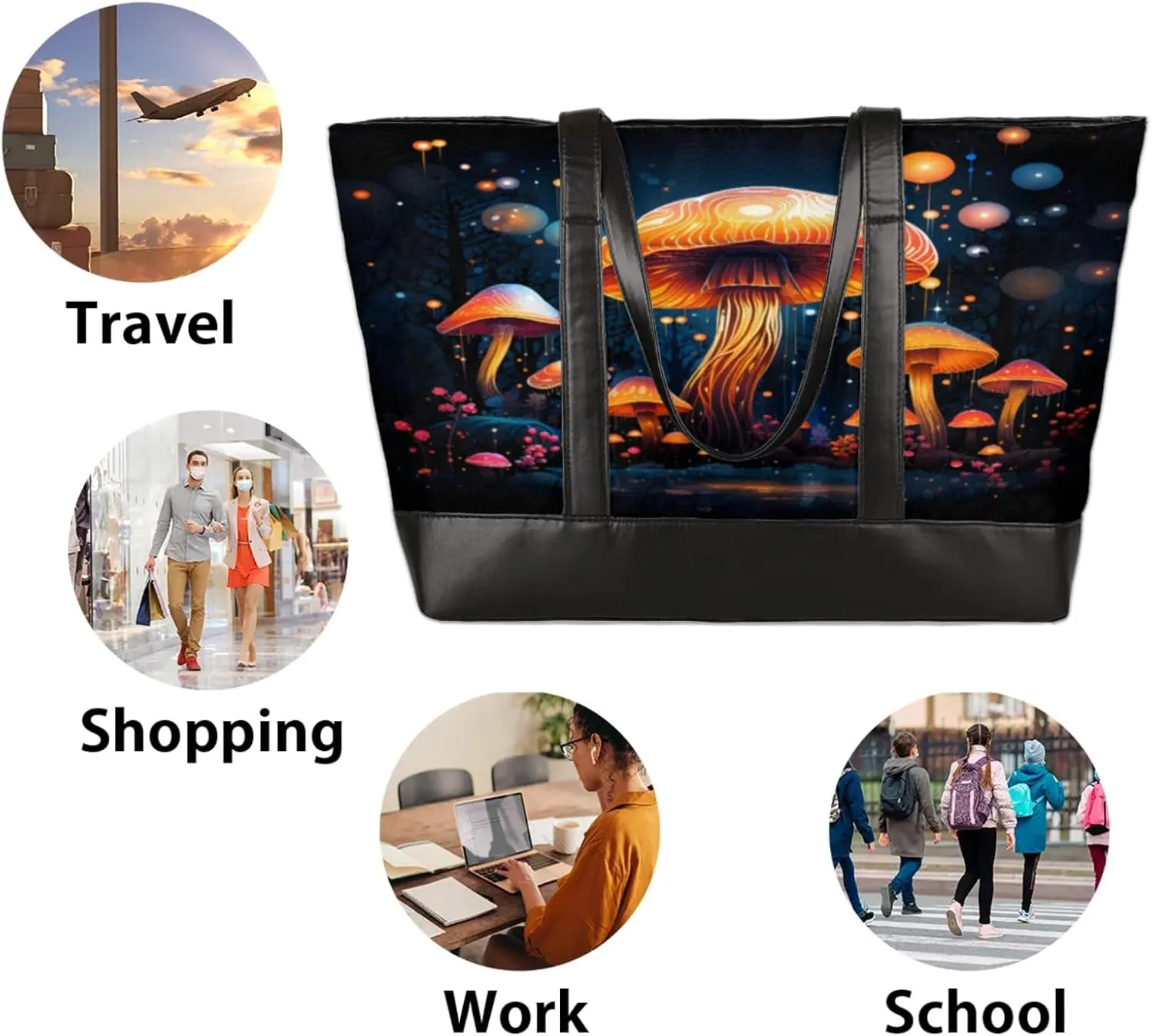 Women Tote Bag with Zipper, Shopper Handbag Travel Purse, PU Leather Laptop Tote Bags, Weekender Tote Bags