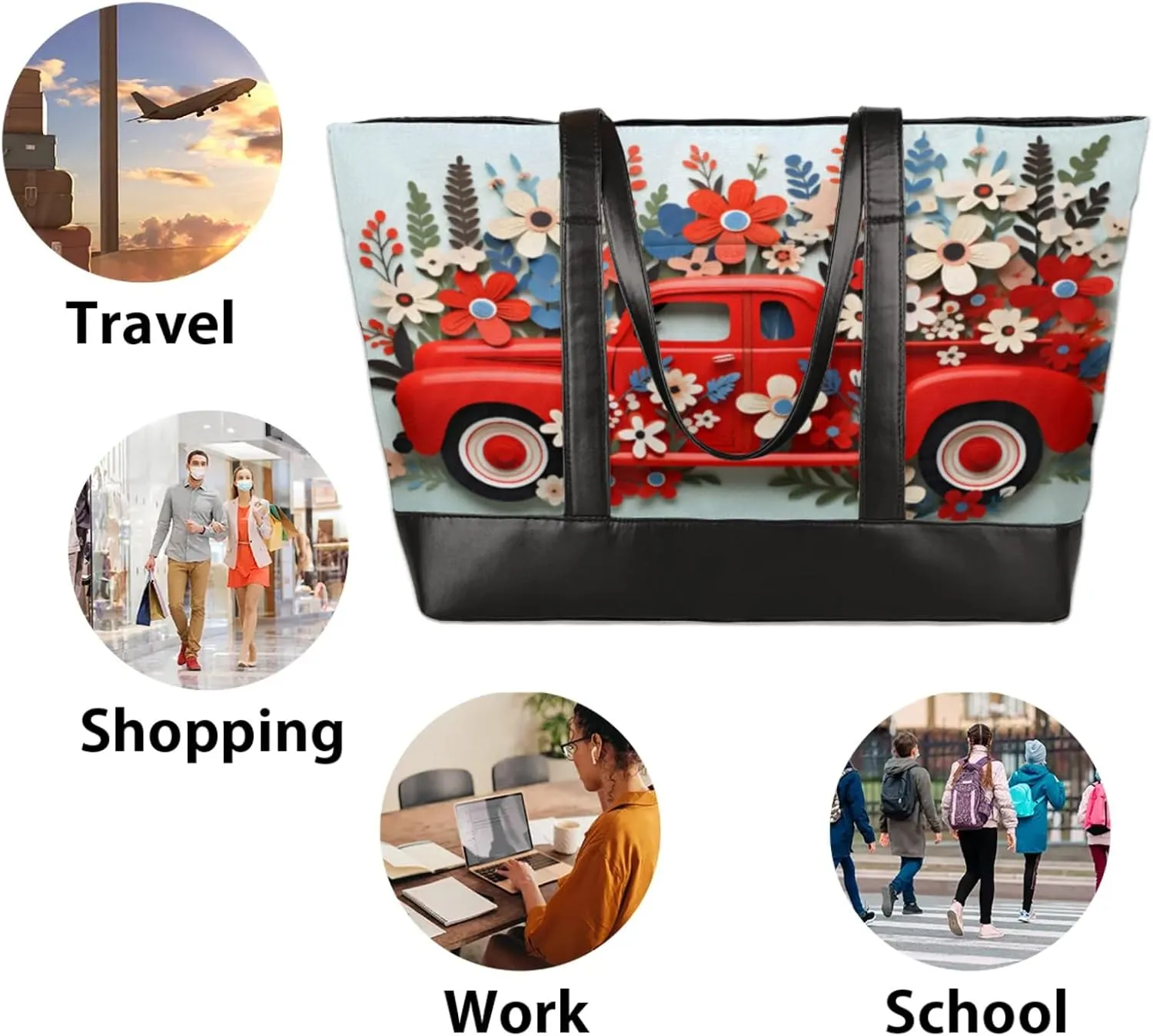Women Tote Bag with Zipper, Shopper Handbag Travel Purse, PU Leather Laptop Tote Bags, Weekender Tote Bags