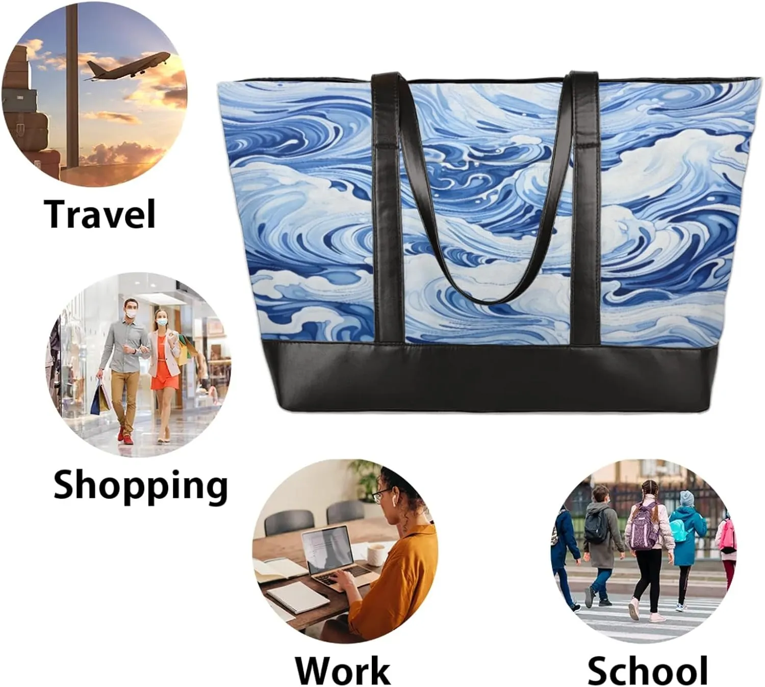 Women Tote Bag with Zipper, Shopper Handbag Travel Purse, PU Leather Laptop Tote Bags, Weekender Tote Bags