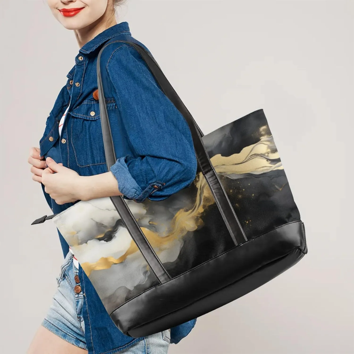 Women Tote Bag with Zipper, Shopper Handbag Travel Purse, PU Leather Laptop Tote Bags, Weekender Tote Bags