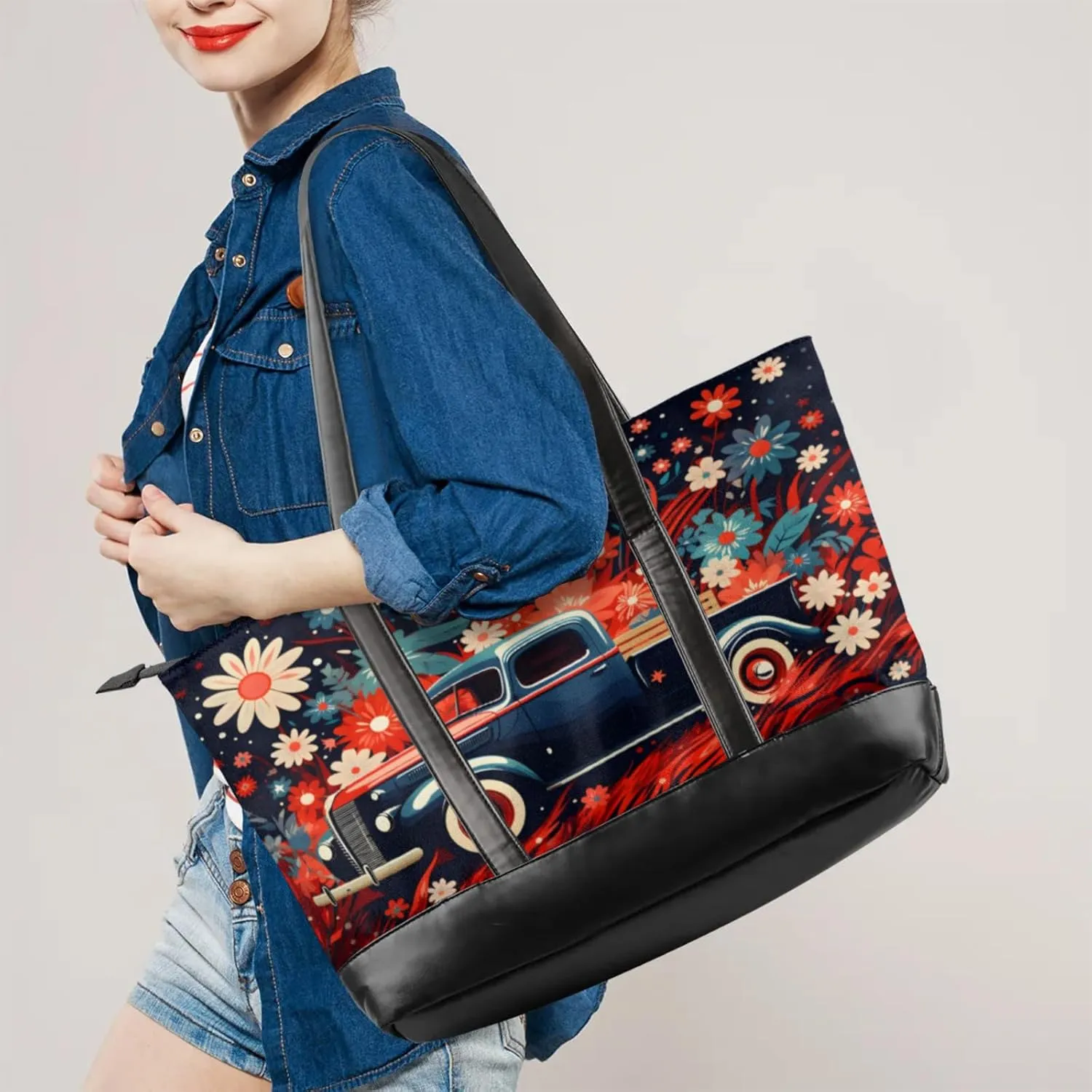 Women Tote Bag with Zipper, Shopper Handbag Travel Purse, PU Leather Laptop Tote Bags, Weekender Tote Bags
