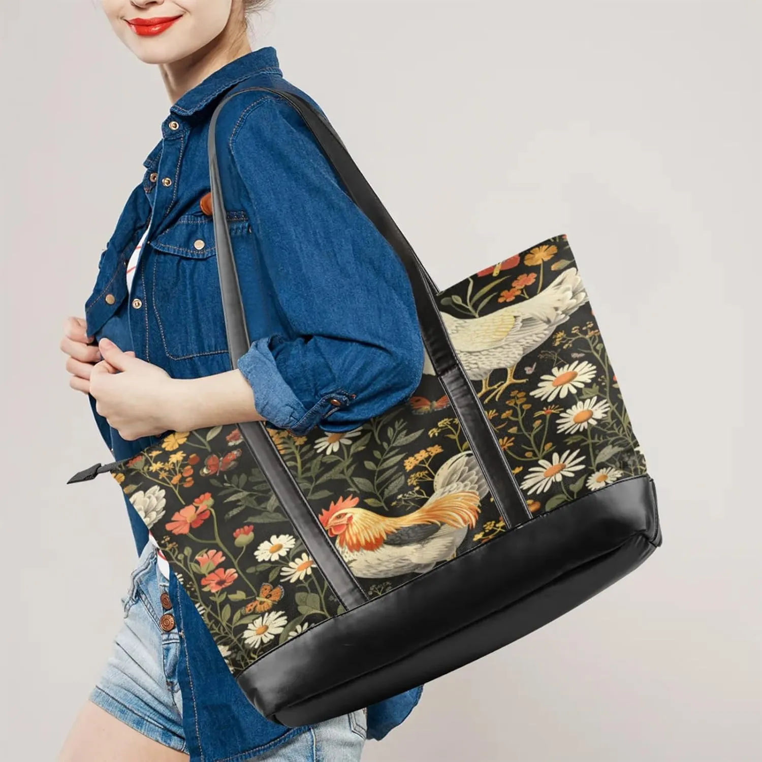 Women Tote Bag with Zipper, Shopper Handbag Travel Purse, PU Leather Laptop Tote Bags, Weekender Tote Bags
