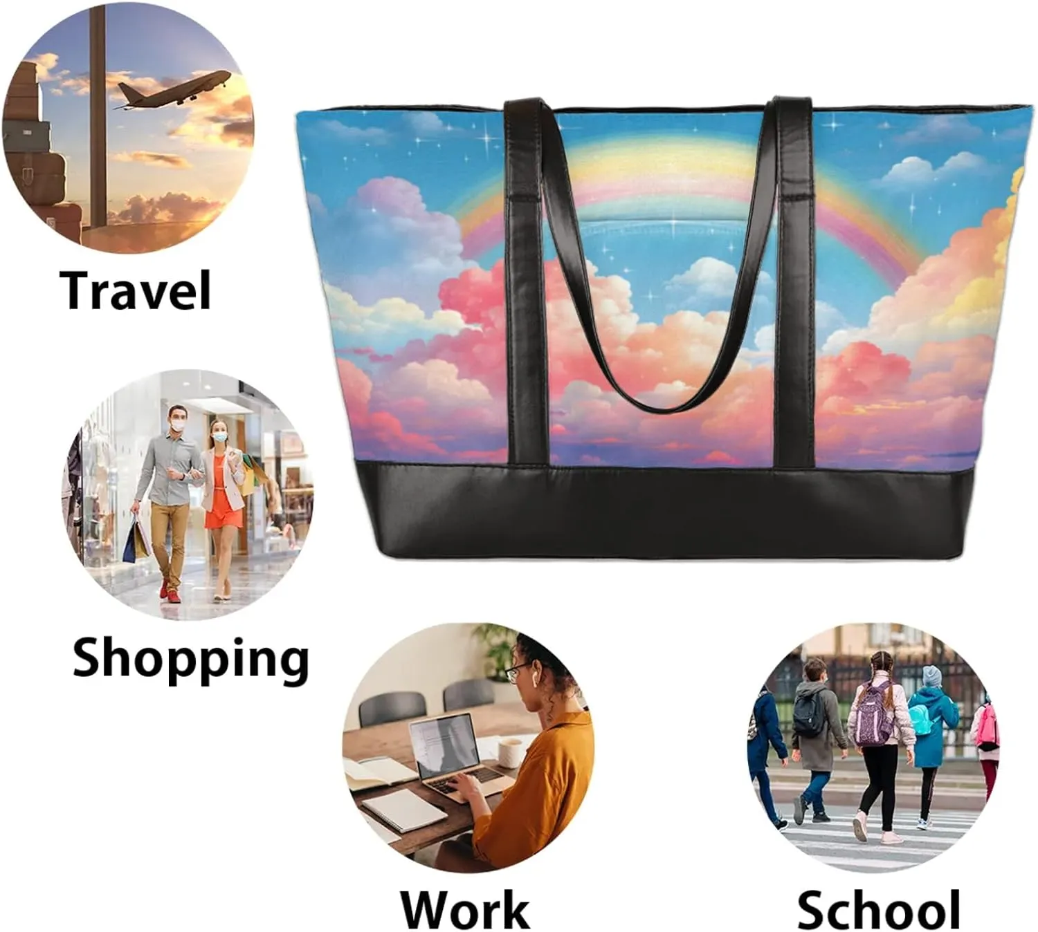 Women Tote Bag with Zipper, Shopper Handbag Travel Purse, PU Leather Laptop Tote Bags, Weekender Tote Bags