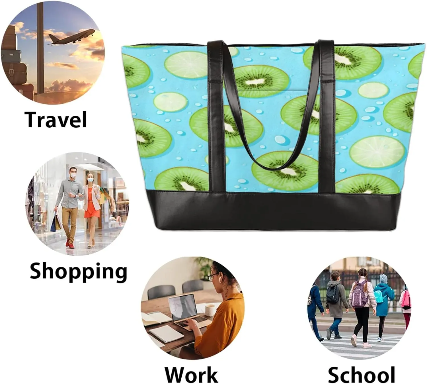 Women Tote Bag with Zipper, Shopper Handbag Travel Purse, PU Leather Laptop Tote Bags, Weekender Tote Bags