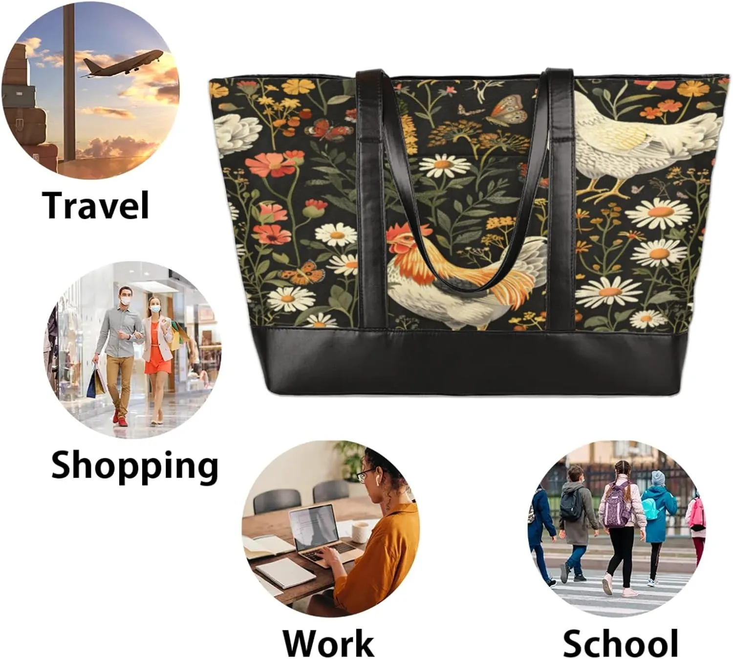 Women Tote Bag with Zipper, Shopper Handbag Travel Purse, PU Leather Laptop Tote Bags, Weekender Tote Bags