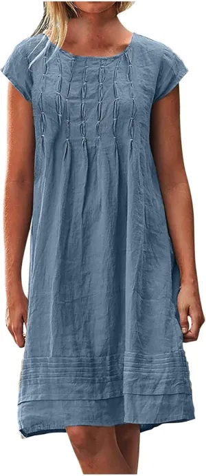 Women's Cotton Linen Summer Dresses 2024 Sleeveless Pleated Dress Casual Knee Length Dress Comfy Summer Lounge Outfits