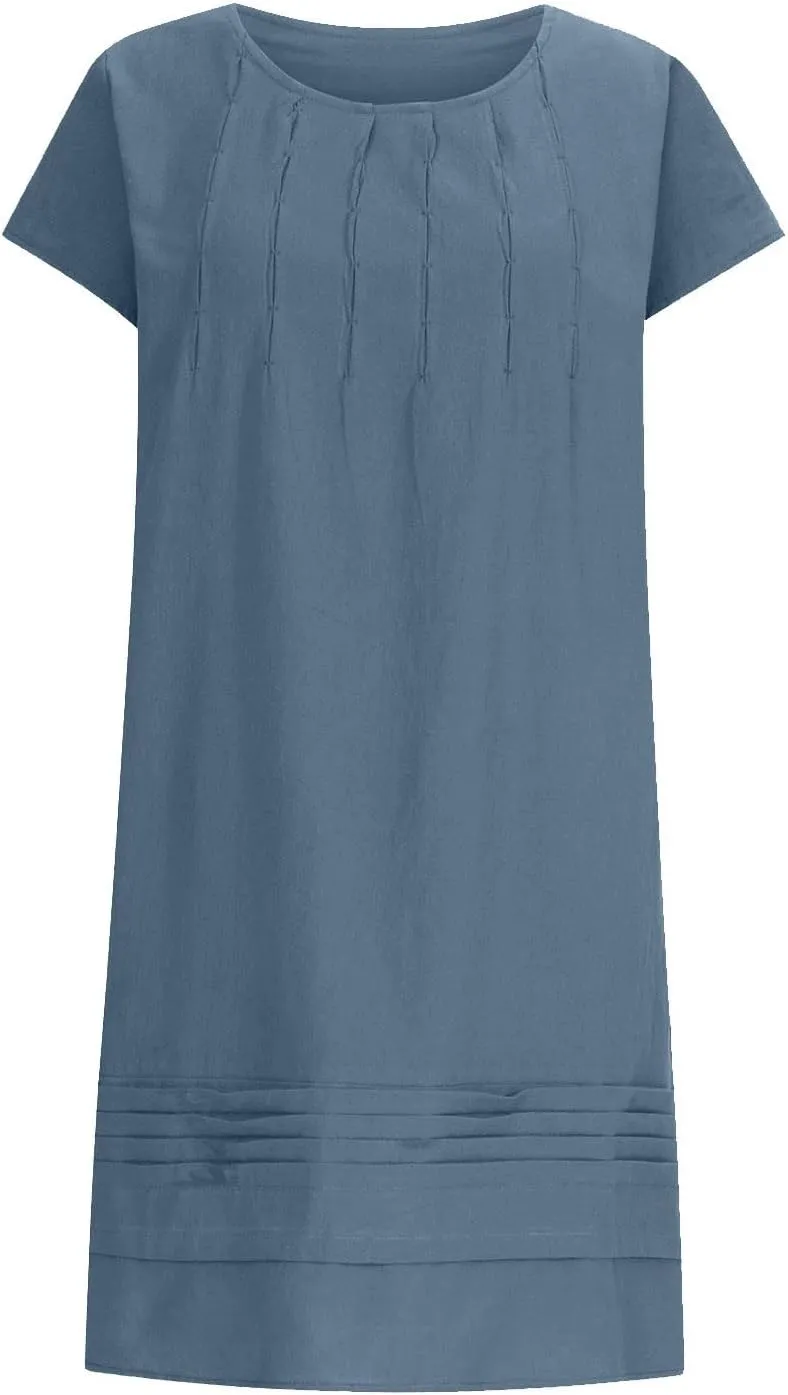 Women's Cotton Linen Summer Dresses 2024 Sleeveless Pleated Dress Casual Knee Length Dress Comfy Summer Lounge Outfits