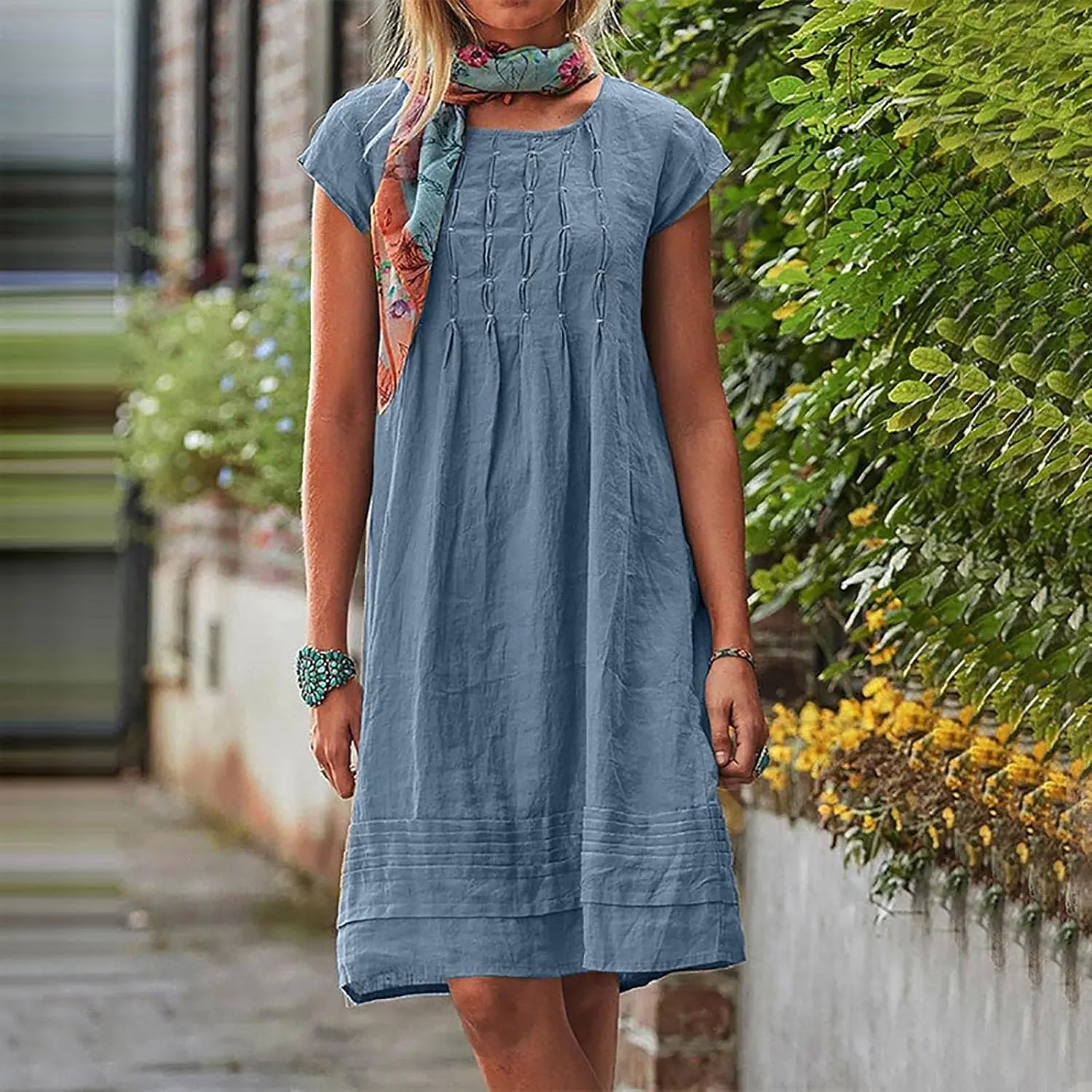 Women's Cotton Linen Summer Dresses 2024 Sleeveless Pleated Dress Casual Knee Length Dress Comfy Summer Lounge Outfits