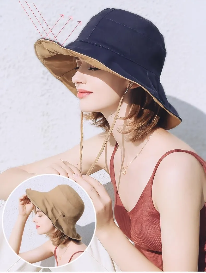 Womens Foldable Shapeable Brim Sun Hat UPF 50  Cotton Wide Brim Beach Adjustable Chin Strap Hat Sun Protection Cap