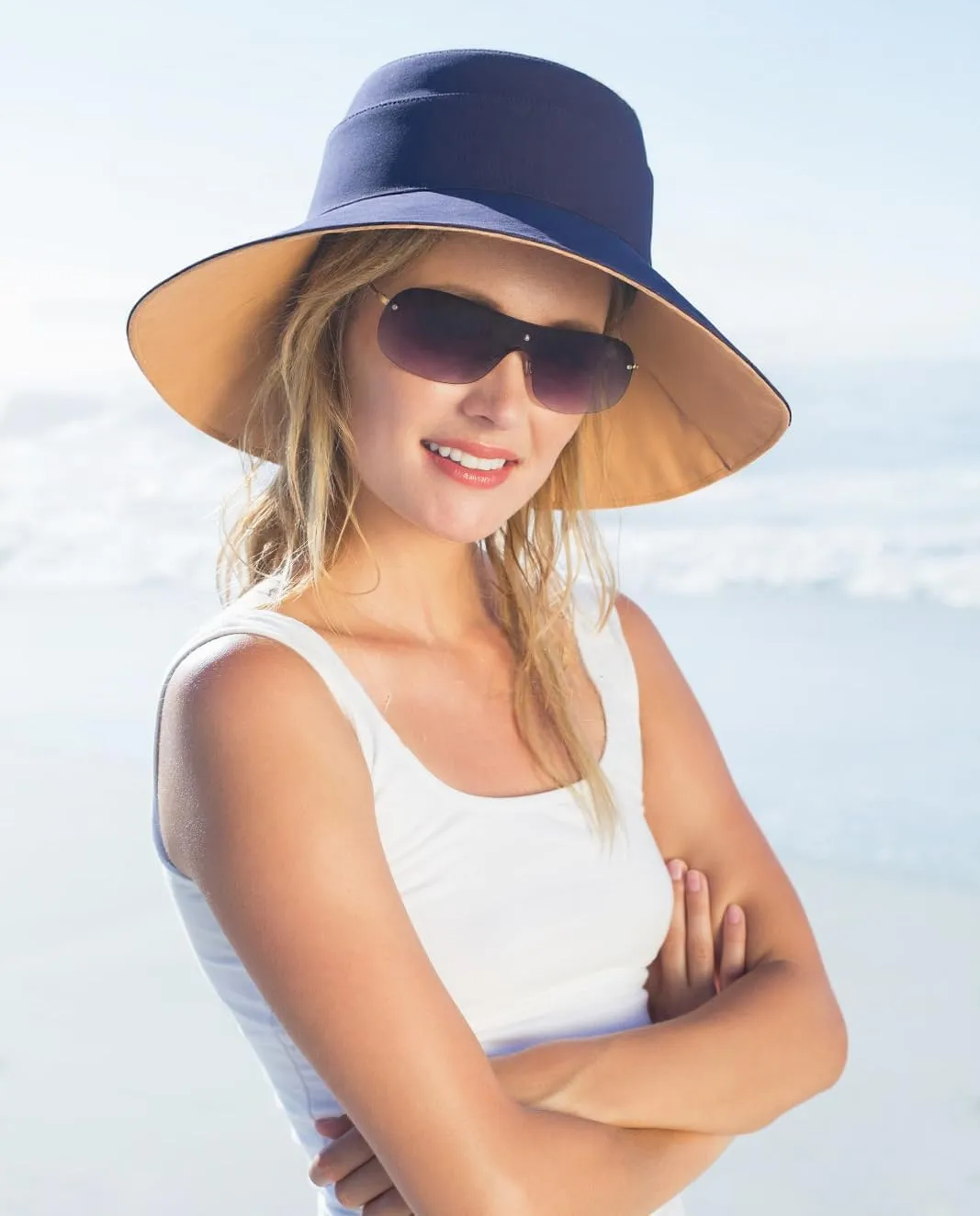 Womens Foldable Shapeable Brim Sun Hat UPF 50  Cotton Wide Brim Beach Adjustable Chin Strap Hat Sun Protection Cap