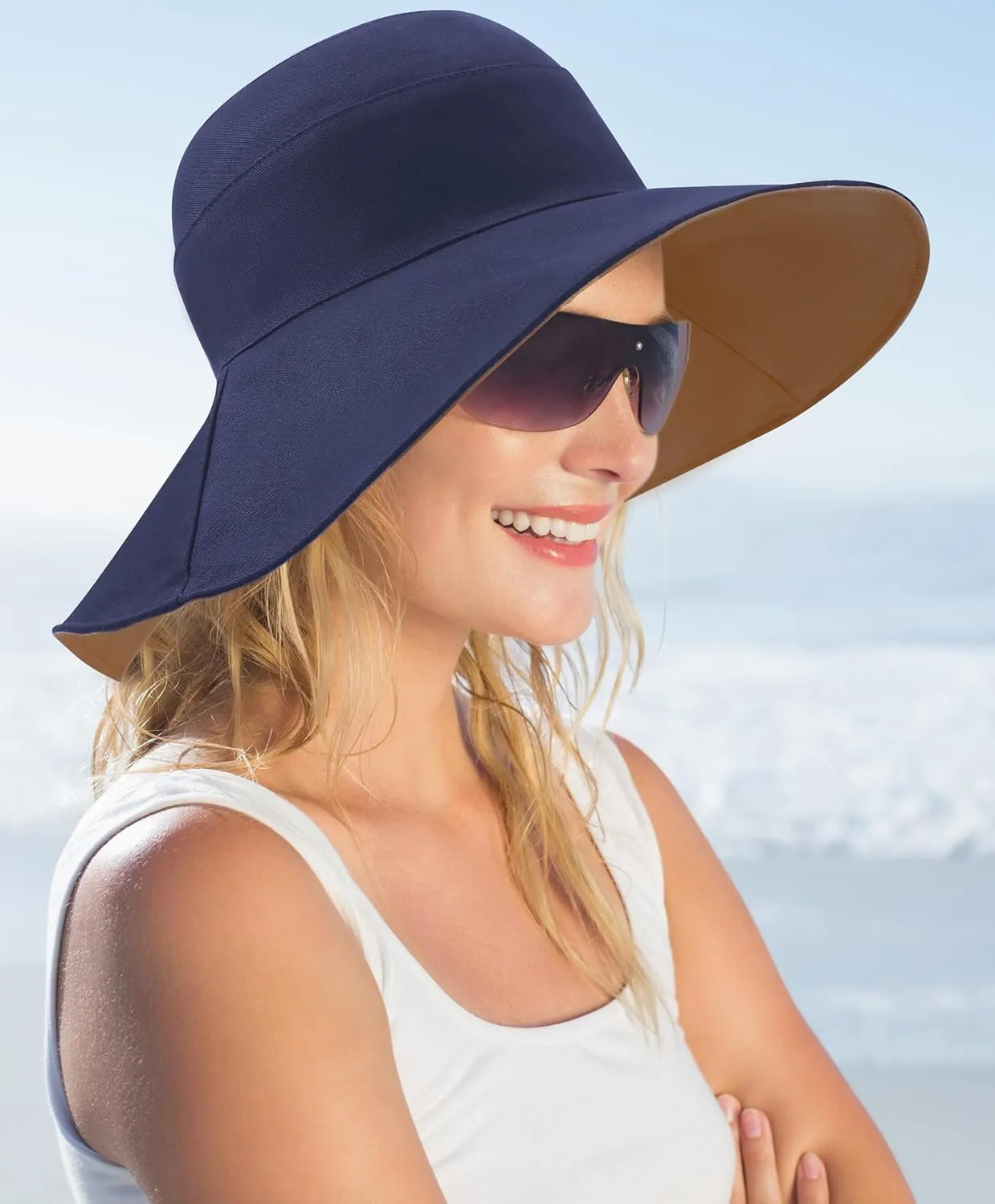 Womens Foldable Shapeable Brim Sun Hat UPF 50  Cotton Wide Brim Beach Adjustable Chin Strap Hat Sun Protection Cap
