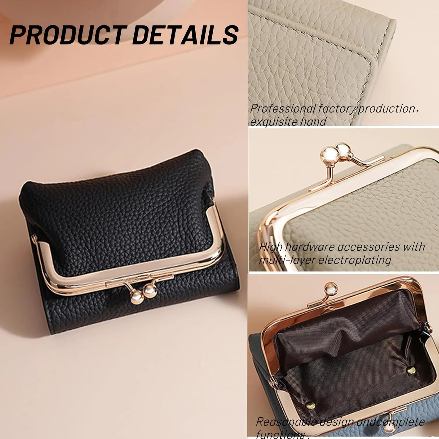 Women's Genuine Leather Wallet,RFID Blocking Mini Pocket Purse,Card Holder Purse With Kiss lock Coin Pocket,Ladies Credit Card Holder (Grey)