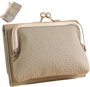 Women's Genuine Leather Wallet,RFID Blocking Mini Pocket Purse,Card Holder Purse With Kiss lock Coin Pocket,Ladies Credit Card Holder (Grey)
