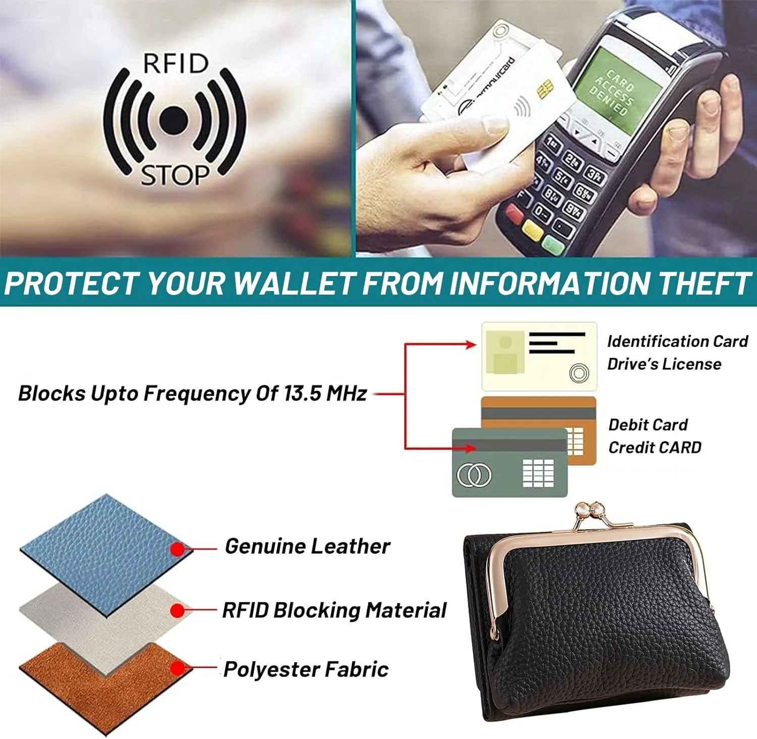 Women's Genuine Leather Wallet,RFID Blocking Mini Pocket Purse,Card Holder Purse With Kiss lock Coin Pocket,Ladies Credit Card Holder (Grey)