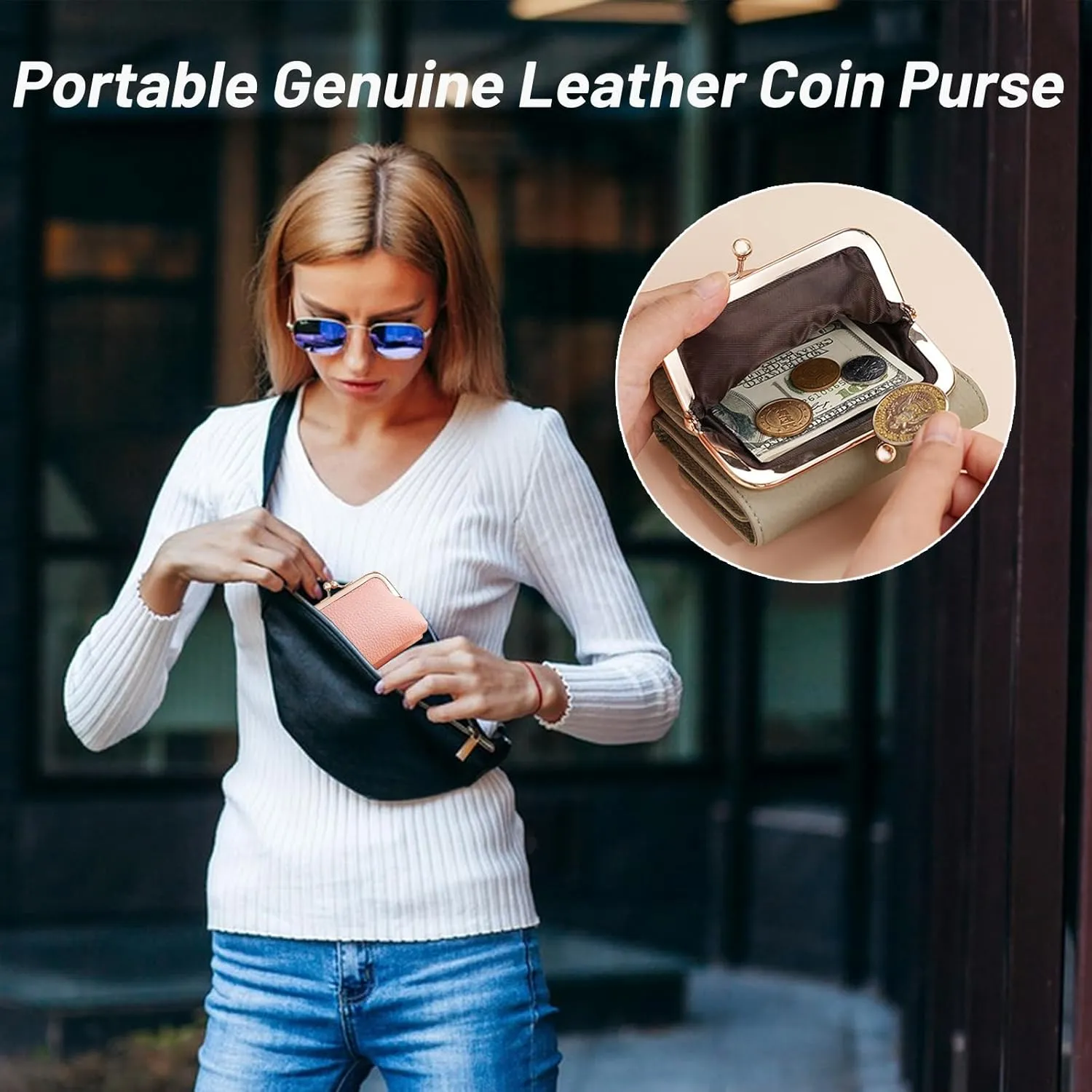 Women's Genuine Leather Wallet,RFID Blocking Mini Pocket Purse,Card Holder Purse With Kiss lock Coin Pocket,Ladies Credit Card Holder (Grey)