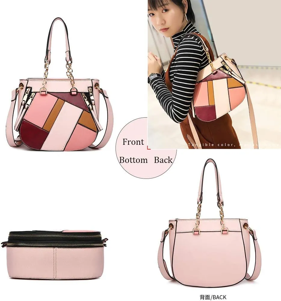 Women's Handbags and Purses Ladies Stitching Color Tote Shoulder Bags Satchel Leather Top Handle Bags