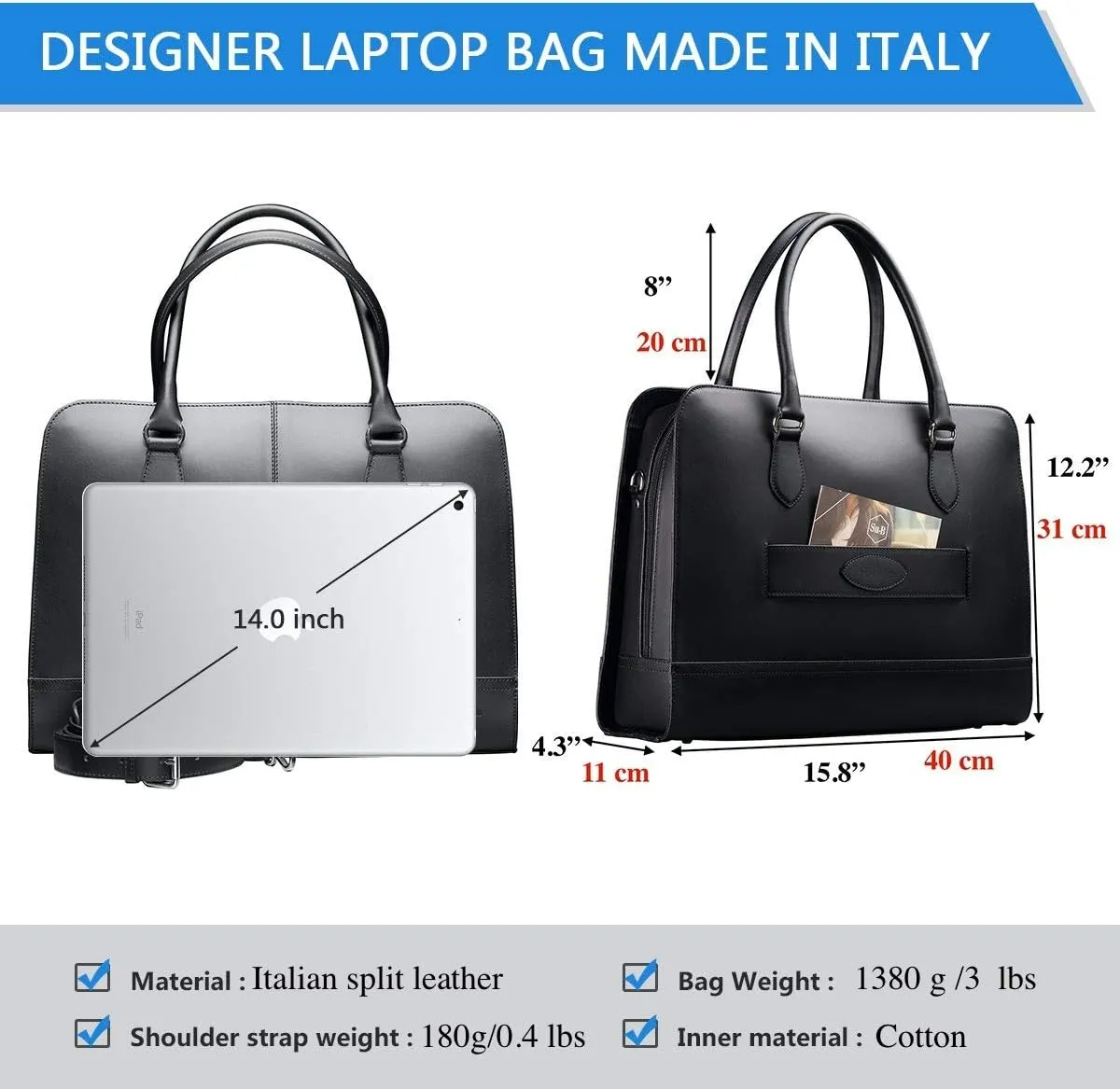 Women’s Laptop Bag – Fits 14" and 13" Laptops, Croco Print Leather, Dutch Design, Made in Italy, with Trolley Strap
