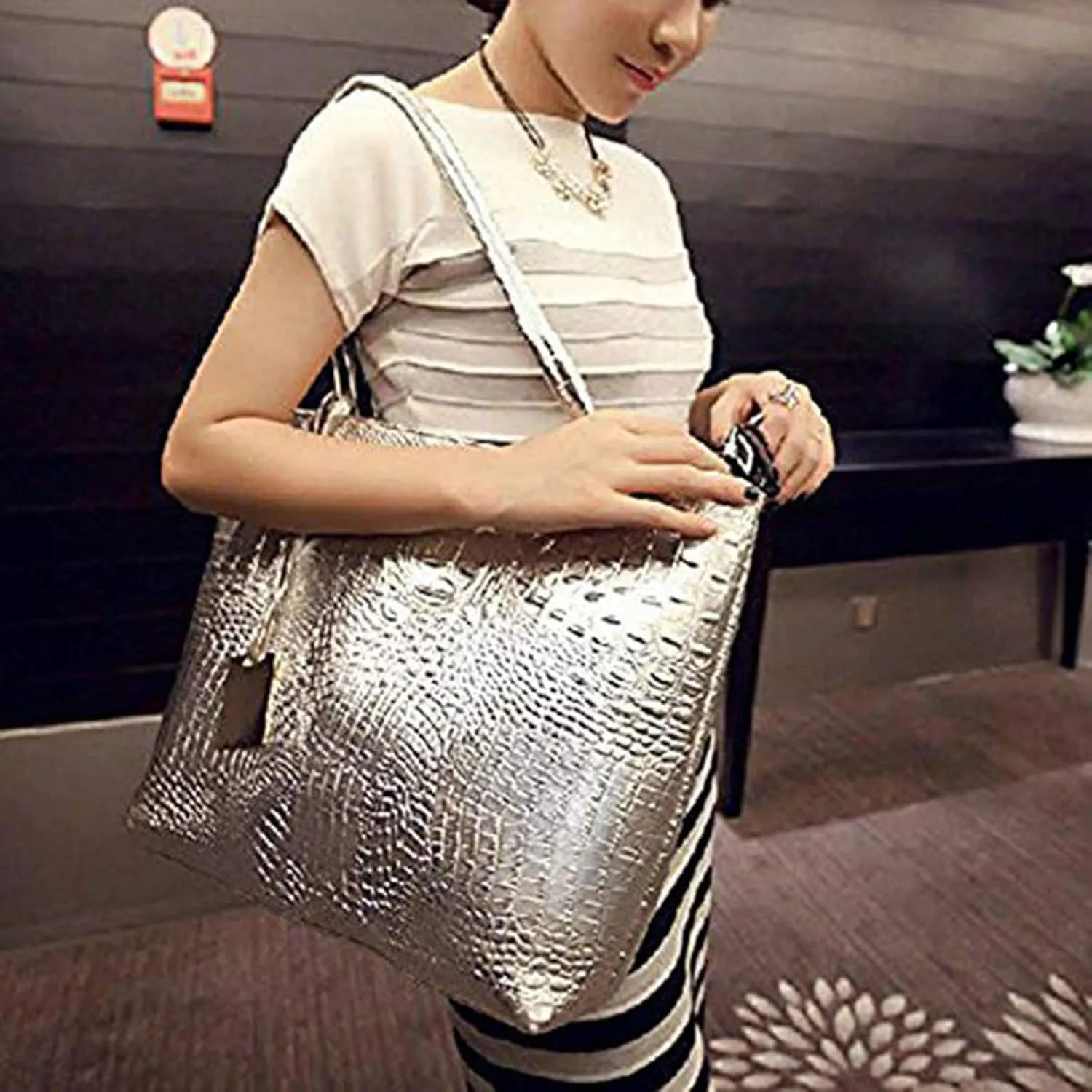 Womens Large Tote Shoulder Handbag Purse Travel Satchel Stylish Fuax Leather Crocodile Hobo Top Handle Bag