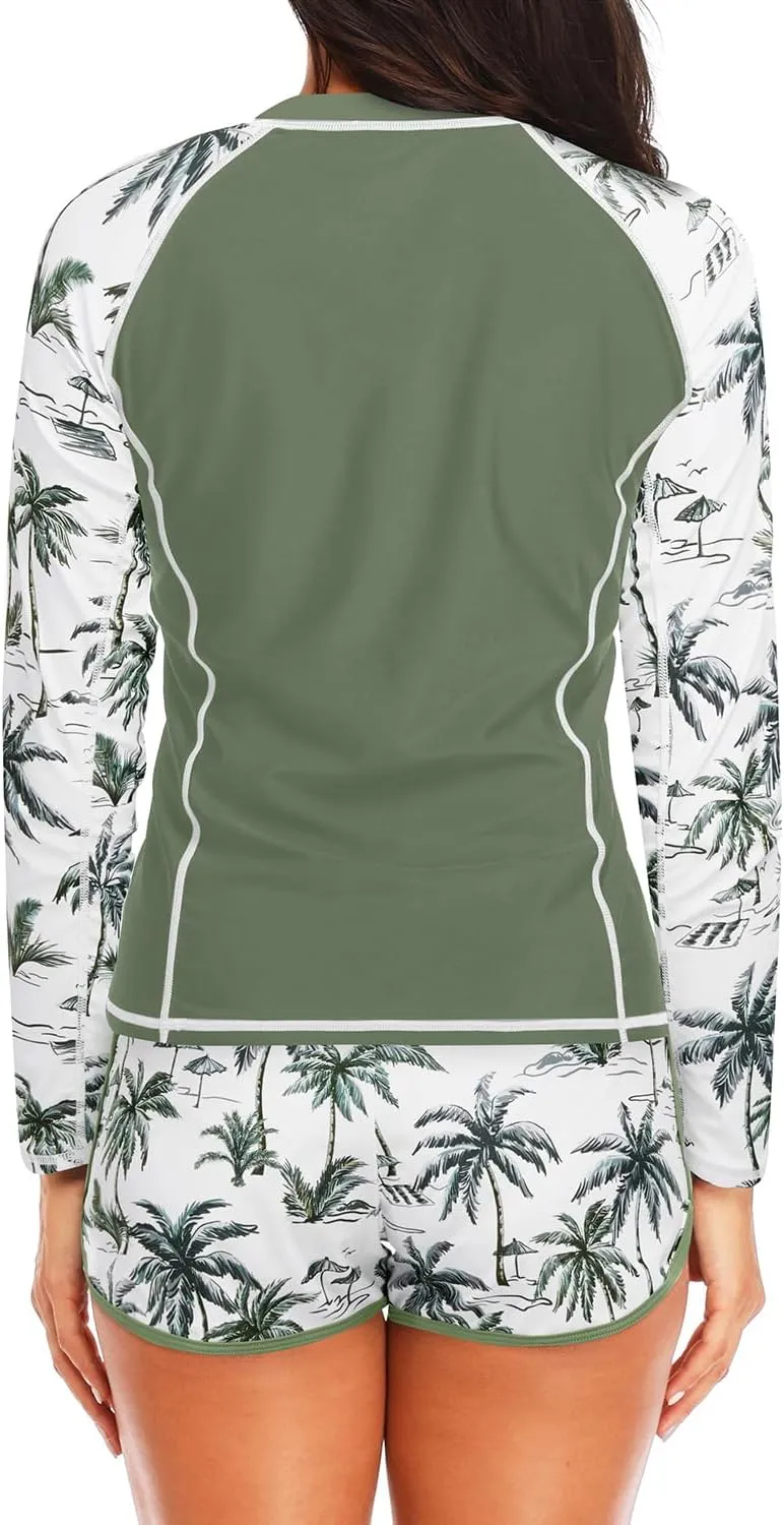 Women's Long Sleeves Rash Guard - 2 Piece Swimsuits with Built in Bra Swim Shirt and Shorts with Pockets