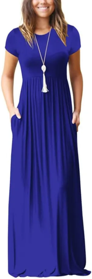 Women's Short Sleeve Split Maxi Dress Crewneck Tshirt Casual Plain Long Dresses Beach Basic Vacation Dresses Pockets