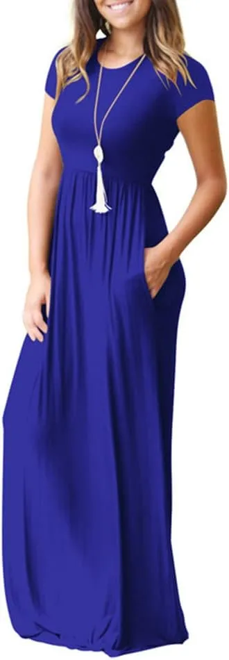 Women's Short Sleeve Split Maxi Dress Crewneck Tshirt Casual Plain Long Dresses Beach Basic Vacation Dresses Pockets
