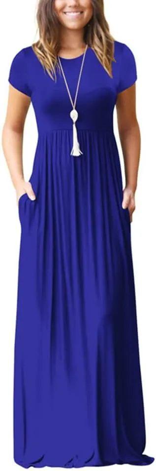 Women's Short Sleeve Split Maxi Dress Crewneck Tshirt Casual Plain Long Dresses Beach Basic Vacation Dresses Pockets