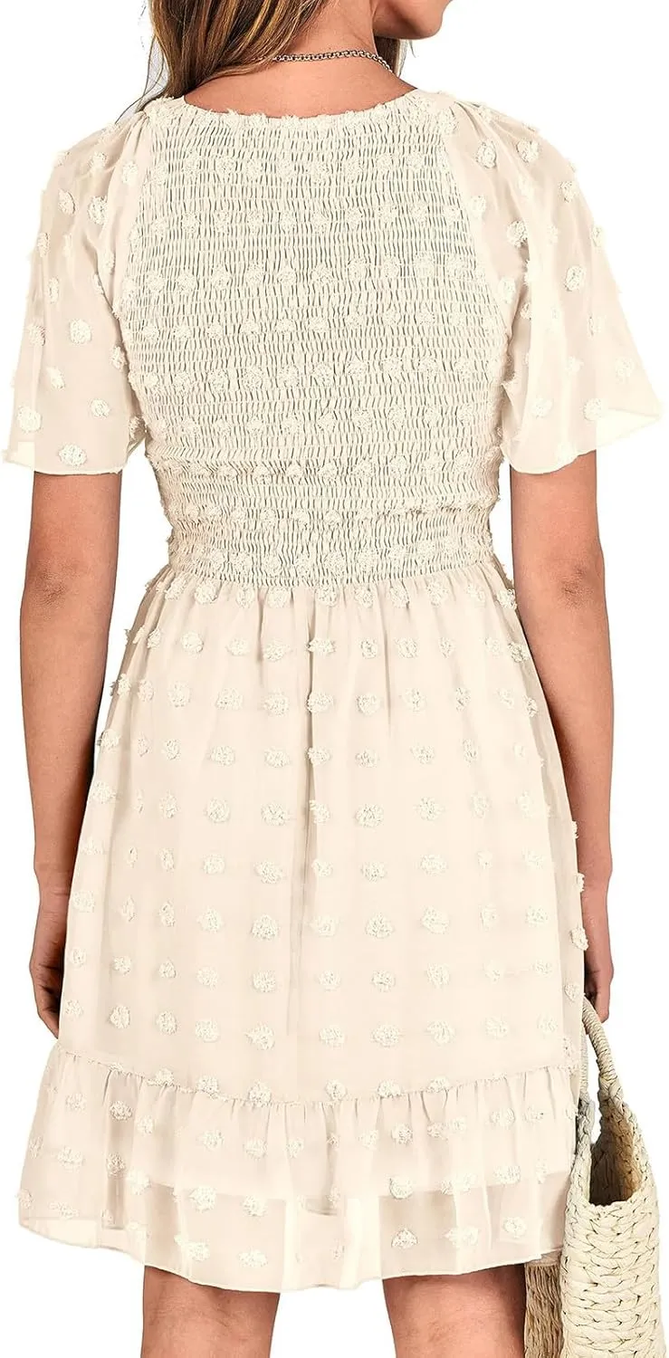 Womens Summer Dresses Short Flutter Sleeve v Neck Dresses Casual Empire Waist A-Line Dresses Mini Vacation Sundresses
