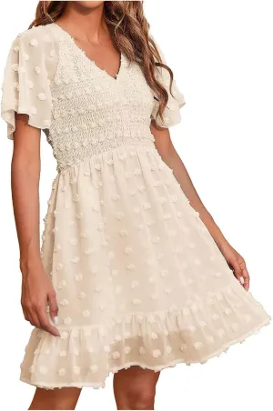 Womens Summer Dresses Short Flutter Sleeve v Neck Dresses Casual Empire Waist A-Line Dresses Mini Vacation Sundresses