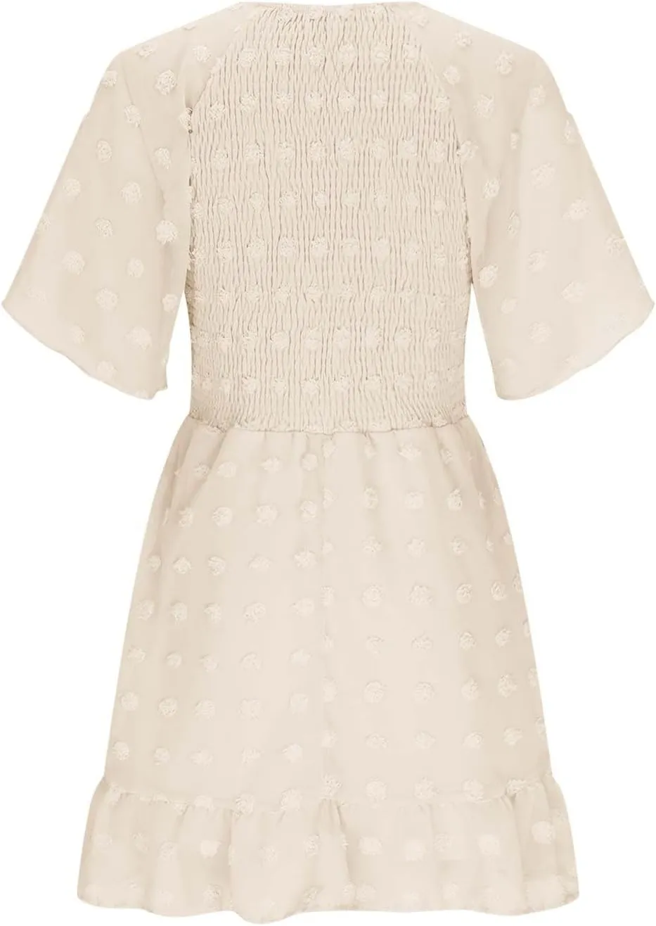 Womens Summer Dresses Short Flutter Sleeve v Neck Dresses Casual Empire Waist A-Line Dresses Mini Vacation Sundresses