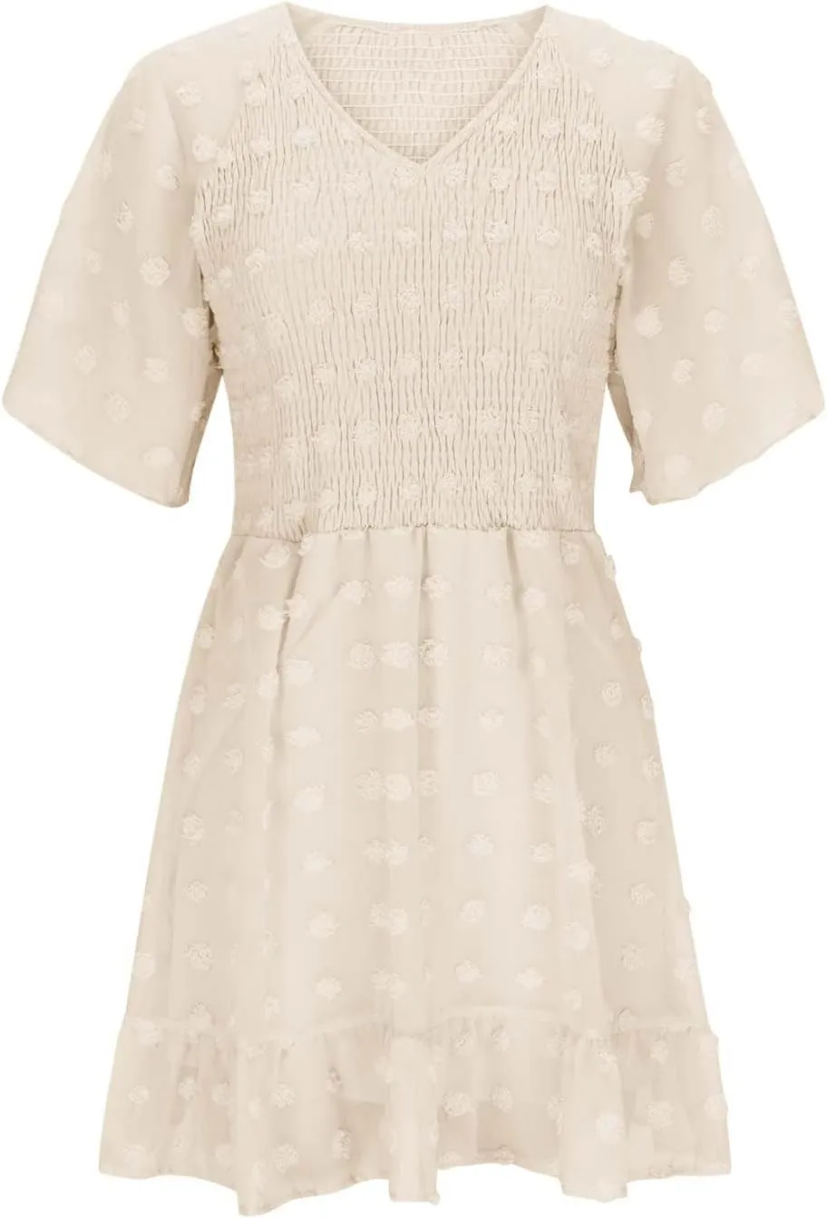 Womens Summer Dresses Short Flutter Sleeve v Neck Dresses Casual Empire Waist A-Line Dresses Mini Vacation Sundresses