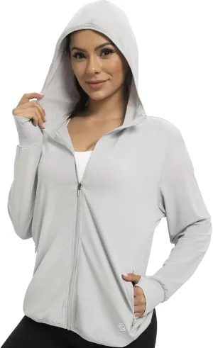 Womens UPF 50  UV Protection Hoodie Jacket, Lightweight Zip Up Long Sleeve Sun Shirt with Pockets for Running Hiking