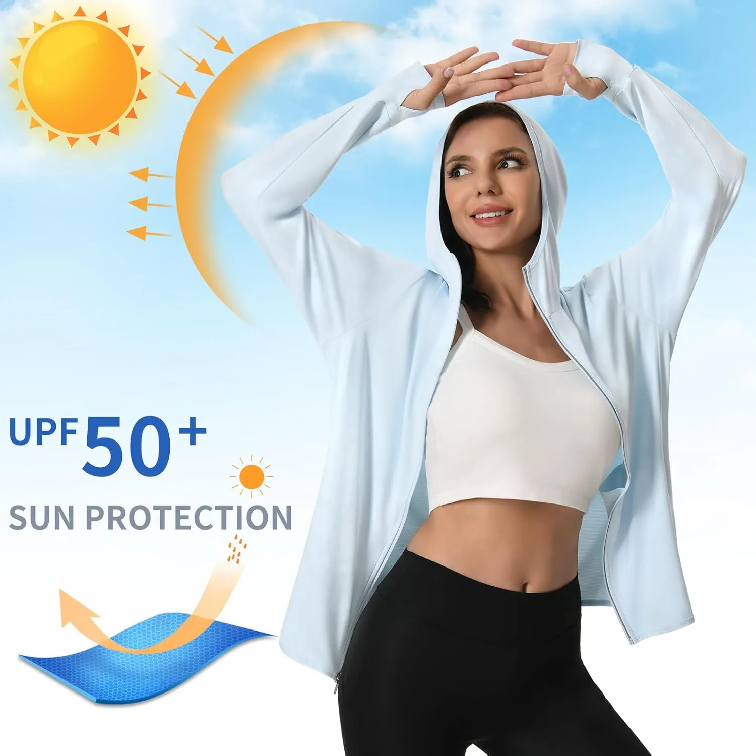 Womens UPF 50  UV Protection Hoodie Jacket, Lightweight Zip Up Long Sleeve Sun Shirt with Pockets for Running Hiking