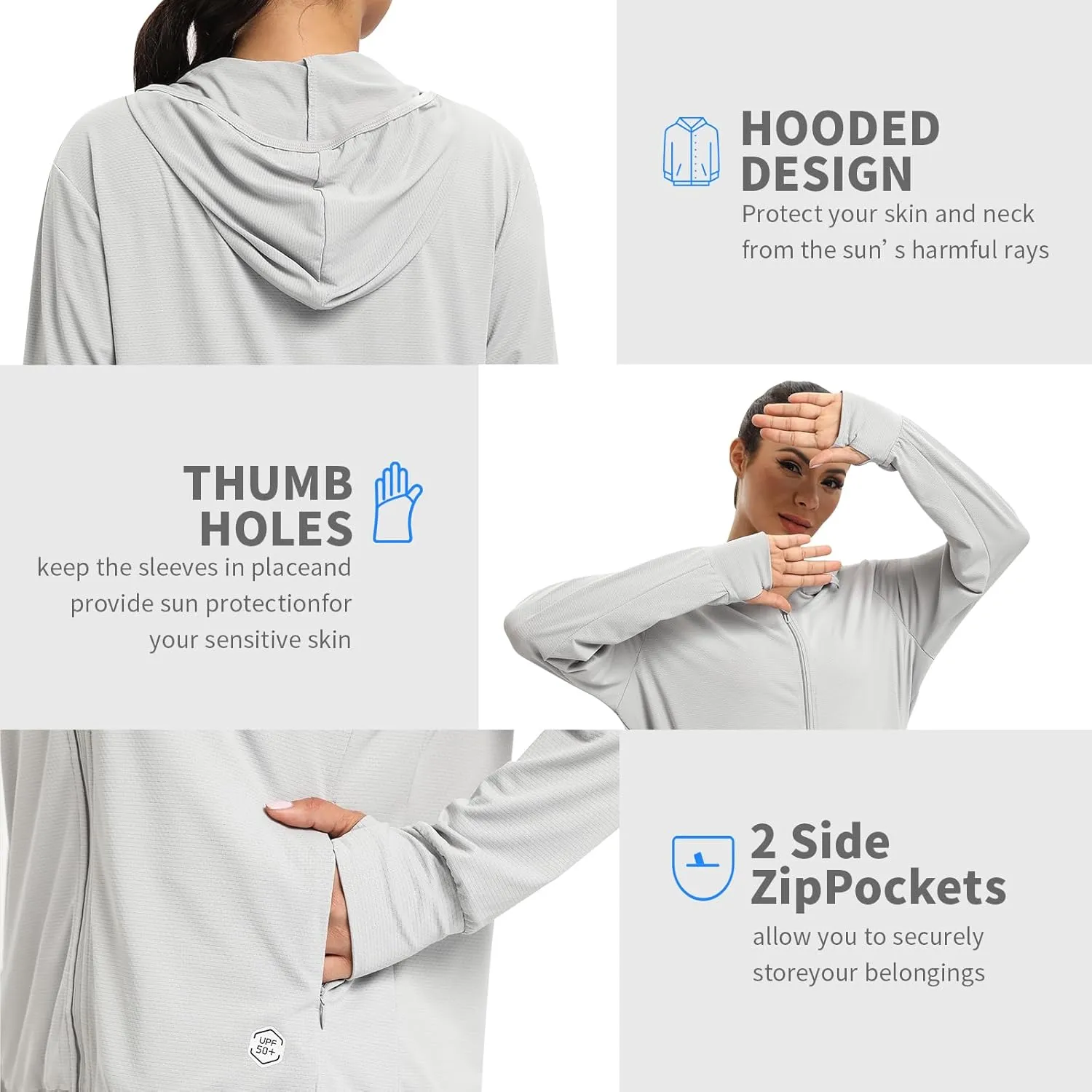 Womens UPF 50  UV Protection Hoodie Jacket, Lightweight Zip Up Long Sleeve Sun Shirt with Pockets for Running Hiking