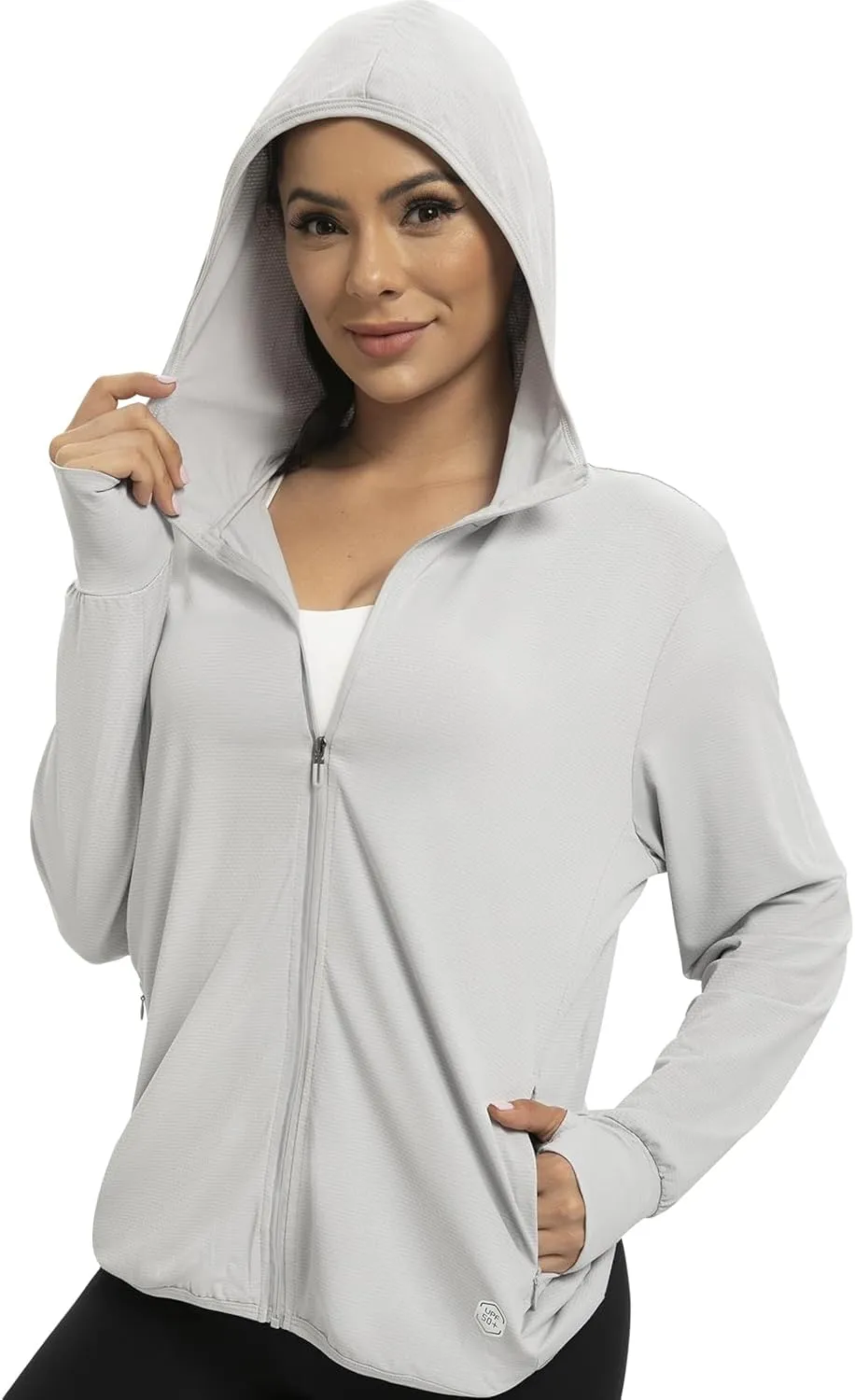 Womens UPF 50  UV Protection Hoodie Jacket, Lightweight Zip Up Long Sleeve Sun Shirt with Pockets for Running Hiking