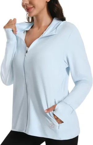 Womens UPF 50  UV Protection Hoodie Jacket, Lightweight Zip Up Long Sleeve Sun Shirt with Pockets for Running Hiking